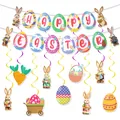 Set decorativo pasquale con striscioni Happy Easter, coniglietti, uova e spirali - Striscione E Spirali Di Carte