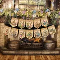 Vintage Osterhasen-Banner-Set mit Happy Easter-Flaggen über einem rustikalen Kamin - Vintage Hasen Stil