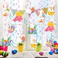 Decoraciones de Pascua con espirales de colores y recortes de conejitos y huevos - Tarjetas Colgantes, Espirales Simples Rosas Y Espirales Dobles Azules