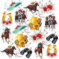Decorazioni festa Kentucky Derby con spirali appese e ritagli di cartone a tema cavalli - Set Biglietti e Riccioli Rossi