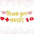 Glittering gold Thank You Nurses banner with stethoscope and medical icons for party decor - Nurse Day Gold Glitter Banner