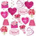 Pink Mother's Day spiral ceiling decorations featuring Best MOM signs and hearts - Hanging Cards and Swirls Combination