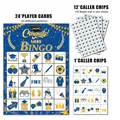 Detail of Graduation Bingo game set with 24 player cards in blue and gold theme - 37-Piece Set / Blue