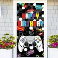 Video game themed Happy Birthday door banner featuring controller and honeycomb background - 180x90cm / Black