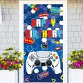Video game themed Happy Birthday door banner with controller design and neon accents - 180x90cm / Blue