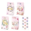 Blumen Tee Party Geschenktüten Set mit rosa Aquarell Snacks Design und Aufklebern - Kraftpapier Beutel Und Aufkleber Set