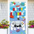 Detail of gamer birthday door banner featuring game controller and Level Up text print - 180x90cm / Light Blue