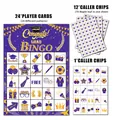 Details von lila-goldenen Abschluss-Bingo-Karten mit Doktorhüten und Trophäen - 37-teiliges Set / Lila