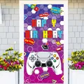 Detail of video game birthday door banner with controller icons on a white door - 180x90cm / Purple