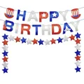 Red white and blue glitter Happy Birthday banner with stars for Independence Day party - Independence Day Banner Set