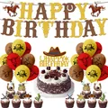 Dettaglio dello striscione cowboy glitterato, topper cactus e palloncini festa western - Banner Decorazioni per Torte e Palloncini