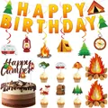 Camping theme happy birthday party decoration set with banners and cake toppers - Camping Decorations