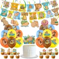 Capybara themed birthday party set with banner, cake toppers and colorful balloons - Capybara Deluxe Banner Topper Balloon Hanging Decor Set (24-29 Capybara Large Set)