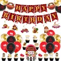 Casino theme birthday party set with banners, balloons, and cake toppers in red and gold - Banner Toppers Balloons Hanging Swirls Components