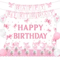 Rosa Schleifen-Geburtstagsset mit Banner, Hintergrund, Luftballons und Tortenaufsätzen - Schmetterling Schmuckset