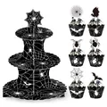 Support à cupcakes 3 niveaux Halloween toile d'araignée noire avec wrappers et toppers - Ensemble de Support à Gâteau Toile d'Araignée