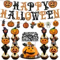 Kit de decoración fiesta Halloween con cartel calabaza naranja y adornos cupcake fondo blanco - Conjunto Pancarta Guirnalda Y Adorno Pastel Calabaza
