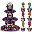 Support à gâteaux 3 étages Día de Muertos avec caissettes et décorations pour fête - Thème Jour des Morts