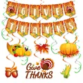 Striscione di Thanksgiving e decorazioni a spirale con tacchino, zucca e foglie autunnali - Set Striscione e Spirali Ringraziamento