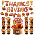 Thanksgiving party decoration kit with glitter banners, maple leaf cake toppers and turkey picks - Thanksgiving Banner Garland And Cake Toppers