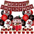 Set de decoración navideña con pancarta de cuadros rojos y negros, globos y adornos tartas - Kit Buffalo (Banner Adornos Globos)