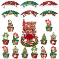 Christmas cupcake toppers and wrappers set featuring Santa Claus and Merry Christmas truck - Red And Green Christmas Theme