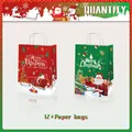 Set of 12 Christmas kraft paper gift bags with handles and festive holiday illustrations - Red And Green Christmas Style