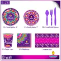 Ensemble détaillé fête Diwali avec assiettes, tasses et serviettes mandala violet pour 12 personnes - Style à Thème Diwali