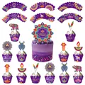 Diwali cupcake wrappers and toppers set with purple mandala and elephant motifs - Cake Wrappers And Large Topper And Small Toppers Combo