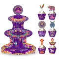 Three-tier Happy Diwali dessert stand with cupcake liners and picks in purple mandala design - Diwali Cupcake Stand Kit