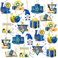 Happy Hanukkah party hanging swirls set with blue menorah, dreidel, and David star charms - Hanukkah Theme Cards And Swirls Set
