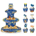 Hanukkah party decoration set with a 3-tier blue and gold cupcake stand and decorative toppers - Hanukkah Cake Stand Kit