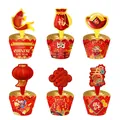 6Pcs Chinese New Year paper cake wraps and toppers set with koi and gold foil designs - Spring Festival Cupcake Wrapper & Topper Set (20230906-CS)