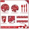 Set de vaisselle jetable 52 pièces pour la Saint-Valentin avec motifs de cœurs rouges - Ensemble de Vaisselle Rouge Saint-Valentin