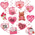 Valentine's Day hanging decorations featuring pink bears, hearts and red foil swirls - Valentine Hanging Cards And Single Double Spiral Swirls
