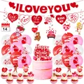 Valentine's Day party decoration set with red banner, heart balloons and cake toppers - Party Decoration Set