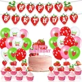 Set de decoración de cumpleaños de fresa con banderines, globos y adornos de tarta - Paquete de Cuatro Patrones de Fresa