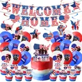 Memorial Day Welcome Home party set with USA flags, banners, balloons and cake toppers - Banner Cake Toppers Balloons Hanging Decorations Set