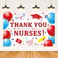 Detail of Thank You Nurses backdrop featuring medical icons and colorful balloons - Backdrop - White Thank You Style
