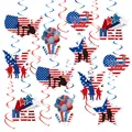 Patriotic Memorial Day party decorations kit with USA flags and Welcome Back banners - Hanging Cards Blue Swirls Red Double Swirls Set