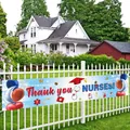Outdoor banner for Nurses Day with Thank You text and medical tools icon on white fence - Garden Banner - Light Blue Thank You Style