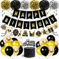 Set de decoración de cumpleaños negro y dorado con pancarta, pompones de papel y globos - Oro Negro