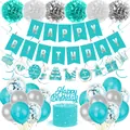 Set de decoración de cumpleaños verde azulado y plata con pancartas y globos - Azul Turquesa