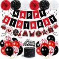 Set de decoración de cumpleaños con globos rojos negros blancos pancartas y adornos - Negro Rojo