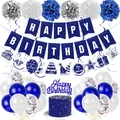 Set de decoración de cumpleaños azul y plata con pancarta, flores de papel y globos - Azul Blanco