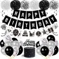 Detailed set of black and silver birthday decorations with banners, balloons and paper pom poms - Silver