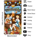 Detailed view of 180x90cm Oktoberfest banner with traditional German cartoon motifs - Cartoon Folk Costume Characters Style
