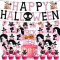 Set decorazione festa Halloween rosa e nero con striscioni, palloncini e cake topper - Set Completo Decorazioni Halloween Rosa