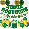Green and gold birthday party set with banner, paper pom poms, balloons and cake toppers - Green Gold
