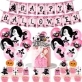 Roze en zwarte Halloween versieringsset met banner, ballonnen en taarttoppers - Banner Grote Topper Kleine Toppers Ballonnen